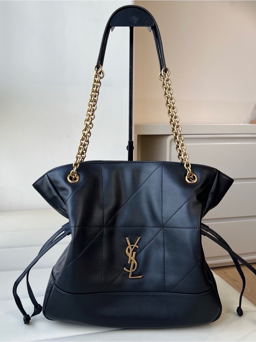 Yves Saint Laurent Black Leather Tote with Gold Chain Straps